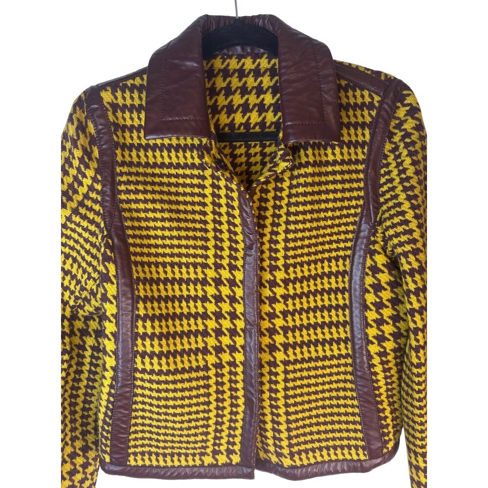 VTG PHILOSOPHY DI Wool Houndstooth Vintage Yellow & Brown Wool Jacket Faux Trim - Picture 6 of 11